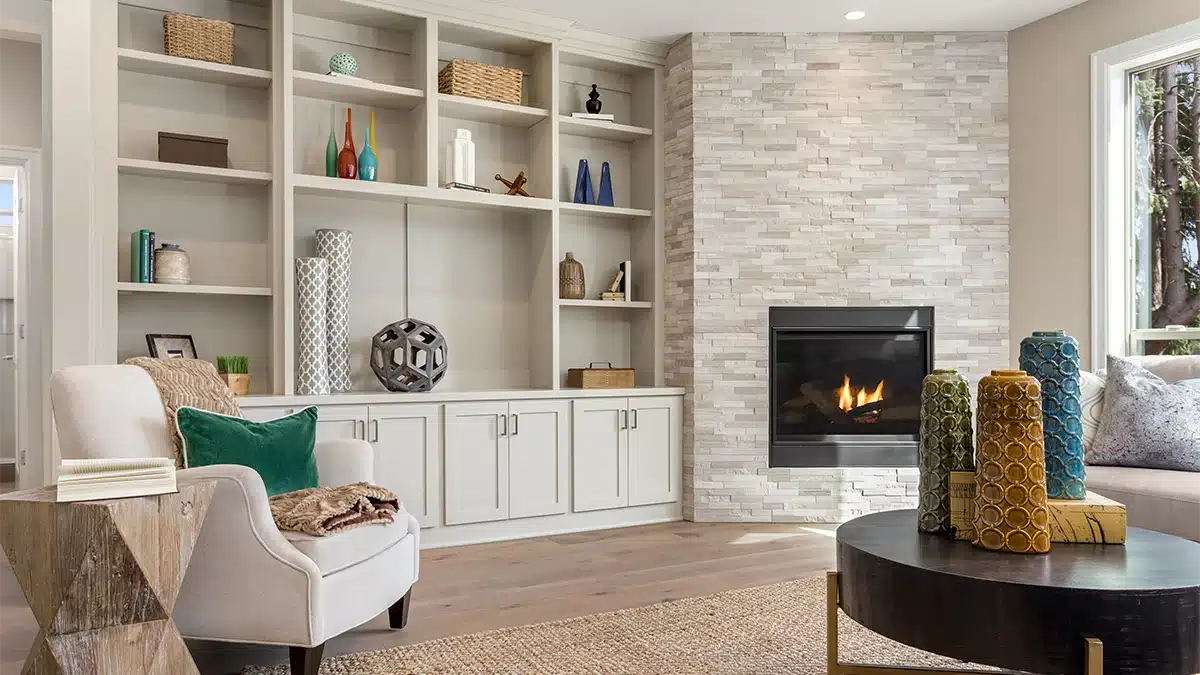 Warm and bright living room with fireplace