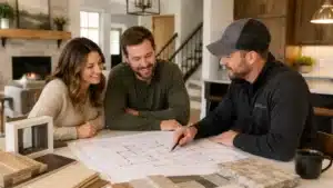 Home buyers reviewing building plans with project lead